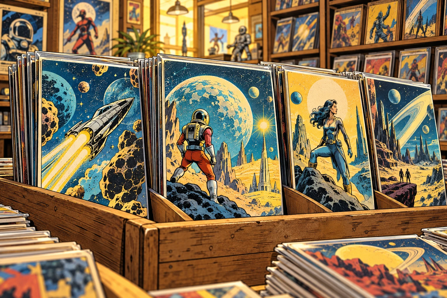Original comic books featuring rockets, astronauts, and cosmic adventures displayed in a comic shop.